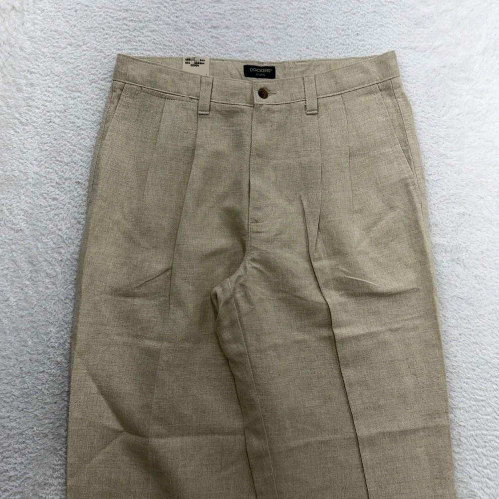 VTG Dockers Mens Beige Linen Blend Pleated Relaxed Khakis Pants Cuffed 34x29 NWT